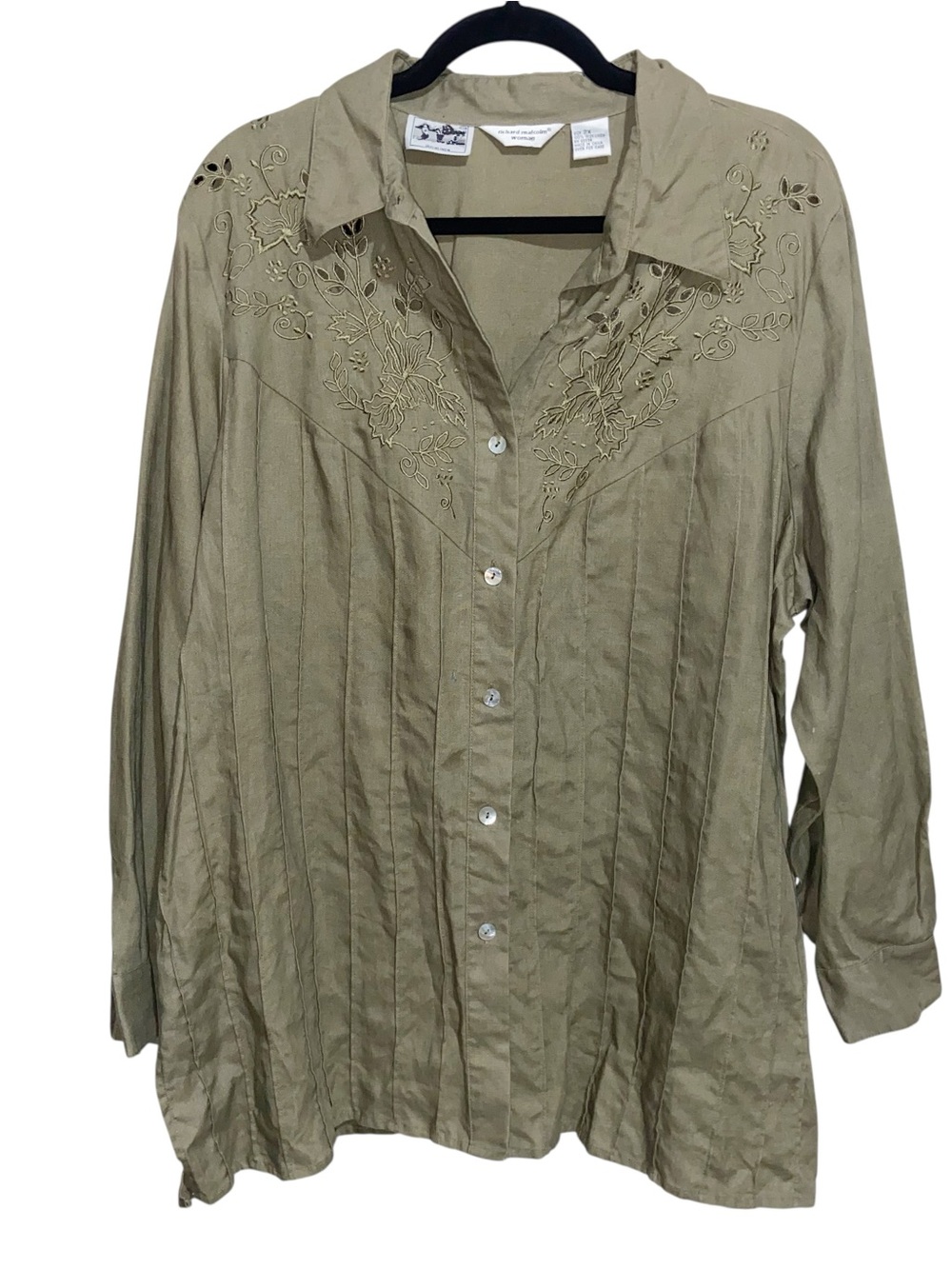 Richard Malcolm Shirt Womens Plus Size 2X Irish Linen Olive Green Lagenlook Arts